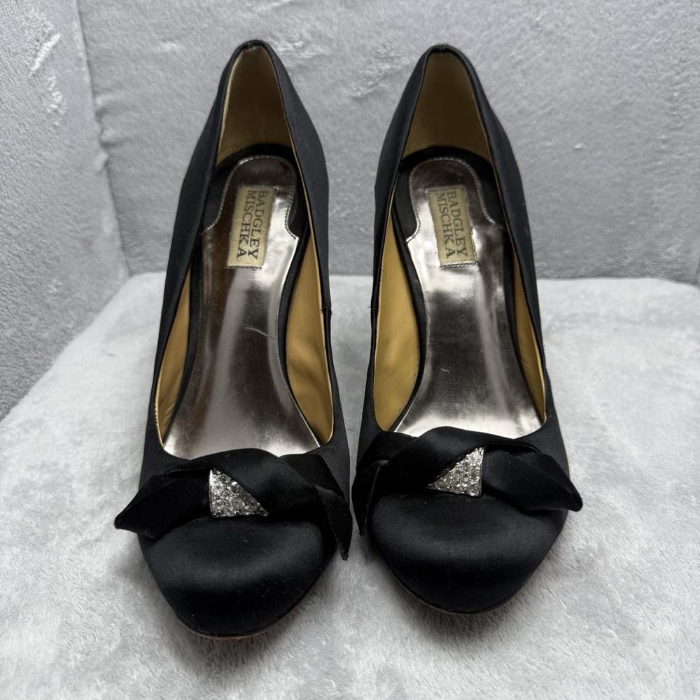 Badgley Mischka Women's 9M Black Satin Peep Toe Pumps Bow Rhinestone Heels